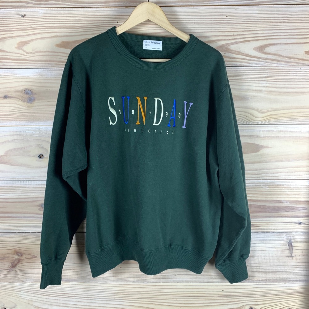 Good For Sunday Sweatshirt Mens Large Green Sunday Athletics Embroidered Top